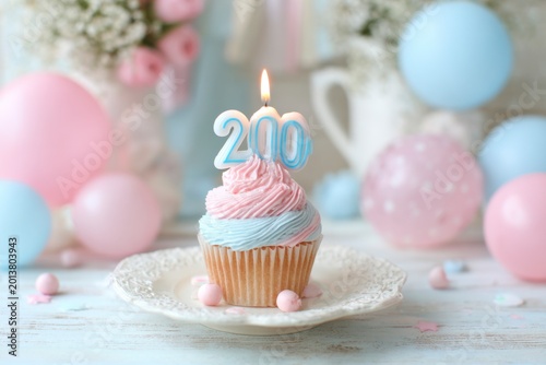 Festive Celebration Cupcake with Candle and Birthday Decor for 200th Anniversary