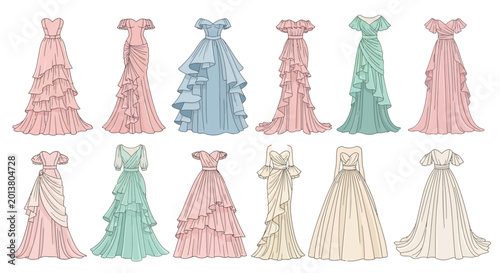 Canvastavla Group of elegant women's tiered and ruffled dresses in soft pastel colors, fashion illustration on an isolated white background