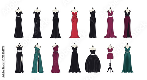Quadro su tela Collection of Elegant Formal and Evening Dresses on Mannequins Isolated White Ba