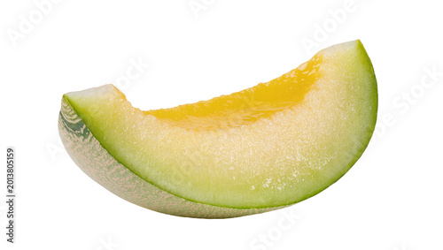 Quadro em tela Isolated fresh ripe sweet melon fruit slice with vibrant orange yellow flesh and