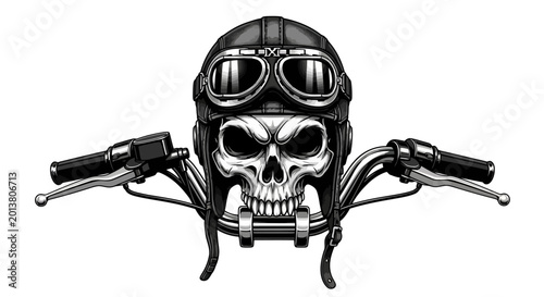 Quadro su tela Biker Skull with Helmet and Goggles Line Art, Motorcycle Handlebars and Rider's