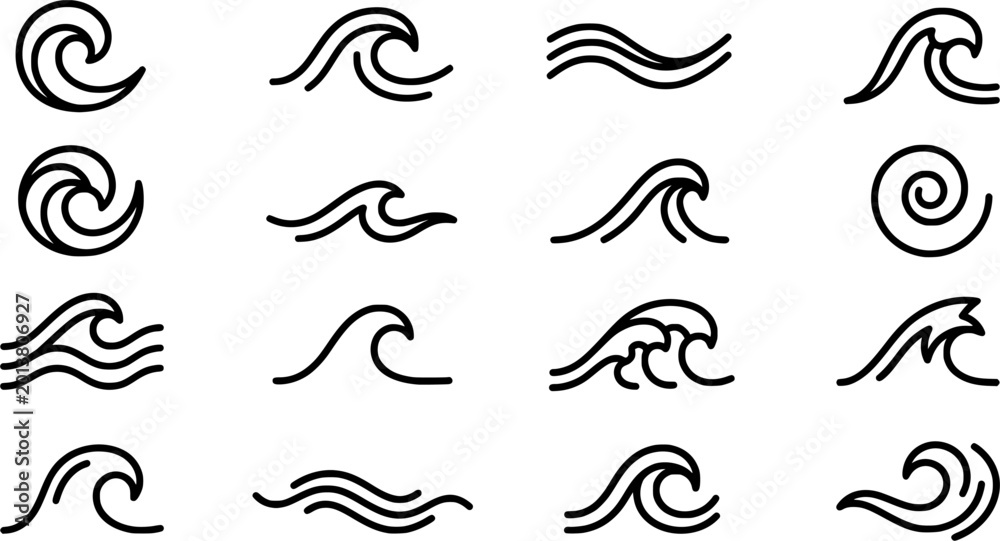 Fototapeta premium Ocean Wave Icon Set Featuring Sea Water Symbols, Surf Logo Elements, Minimal Wave Lines, Coastal Nature Design and Marine Motion Graphics