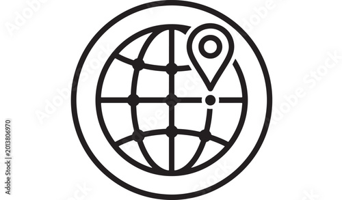 Fotografía Globe map pin location icon with navigation symbol and circular outline for trav