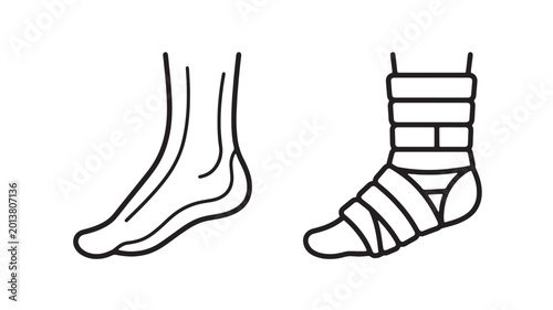 Foto Footwear medical icon set with bandaged ankle and barefoot footprints line art f