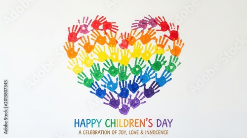 Rainbow heart made of handprints on white background. International Children’s Day concept.