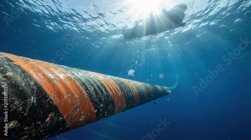 Submarine fiber optic cable traversing the deep ocean toward a surface boat, sunbeams piercing the water, symbolizing global internet connectivity and modern communication infrastructure