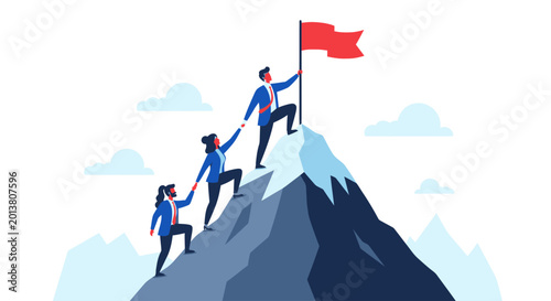 Photos Business team climbing to the mountain peak to achieve success and reach goals together