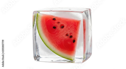 A fresh slice of watermelon frozen inside a clear ice cube isolated on transparent background