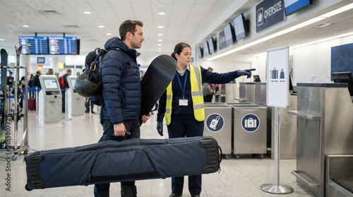 Traveler carrying a snowboard and ski bag checking in oversized baggage with assistance from airport staff at the departure terminal, preparing for a winter sports vacation