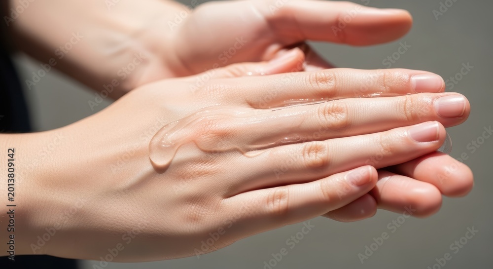 Fototapeta premium Person applies hand sanitizer in a close-up view with hands rubbing gel thoroughly under natural light.