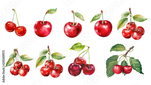 Bild auf Leinwand A vibrant collection of fresh, ripe cherries rendered in watercolor, showcasing