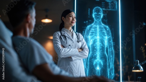 Doctor Using AI Hologram for Digital Healthcare Diagnosis