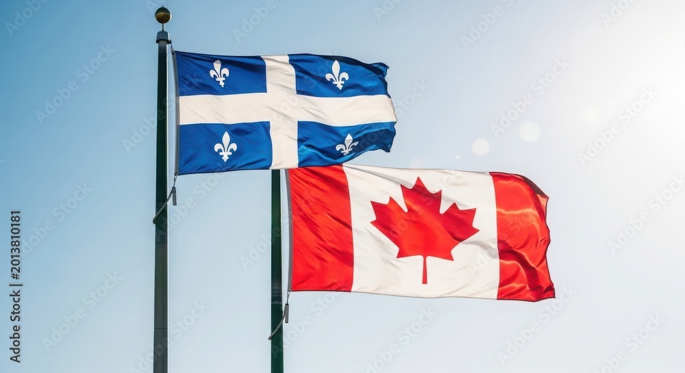 Naklejka premium Celebrating canada day flags of canada and quebec flying high against blue sky