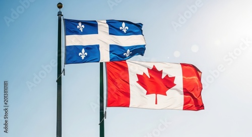 Celebrating canada day flags of canada and quebec flying high against blue sky