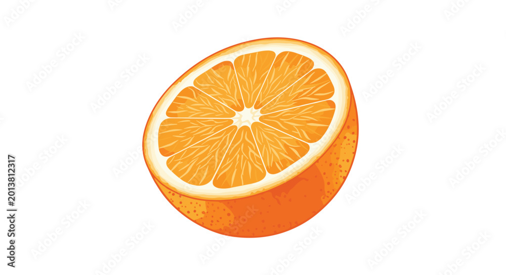 Fototapeta premium A vibrant orange fruit cross-section sliced perfectly in half sits isolated against a clean white backdrop with bright citrus colors and clear, defined pulp segments.