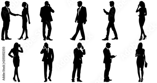Foto Collection of black silhouettes of business people on a white background, engaged in various activities like talking on phones, shaking hands, and walking