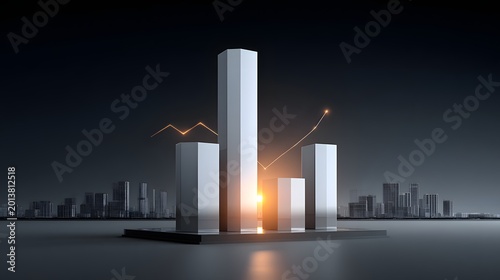 sunset city with transparent financial charts and graphs, fintech background, copy space