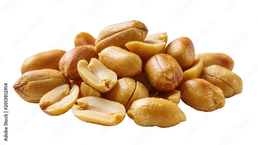 Obraz premium Isolated pile of crunchy roasted salted peanuts, a delicious and healthy snack food