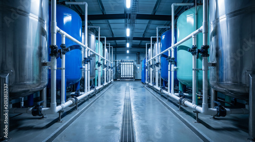 Interior view of an industrial water treatment plant with large blue tanks and white pipelines