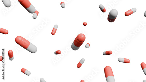 Floating Red and White Capsules on White Background