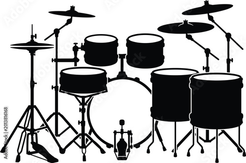 Tableau sur toile Complete Professional Acoustic Drum Kit Silhouette Featuring Bass Drum, Toms, Sn