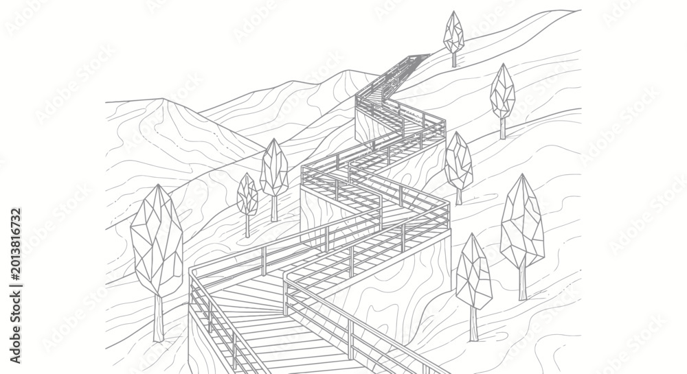 Obraz premium Winding mountain staircase leading up a hilly landscape with geometric trees in minimalist outline.