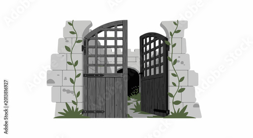 Ancient stone archway with weathered wooden gates and overgrown vines