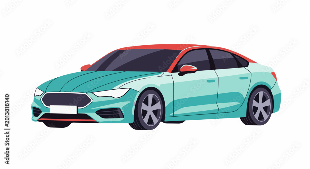 Fototapeta premium A two-tone sedan with aqua body, red roof, and dark tinted windows