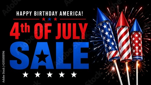 Fourth of july sale banner with fireworks and american flag design