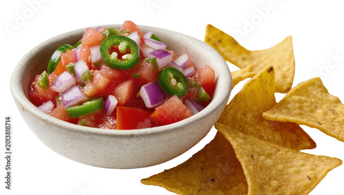 Bild auf Leinwand Isolated fresh pico de gallo salsa in a bowl with crispy golden tortilla chips appetizer