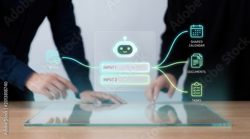 Diverse Team Collaborating on Project Management with Holographic AI Chatbot, Shared Calendar, and Task List Interface