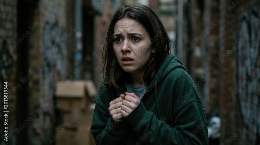 Fototapeta premium A young woman with dark hair sits huddled in a dark alleyway, clutching her fists. She appears frightened and distressed, her face expressing fear and vulnerability.