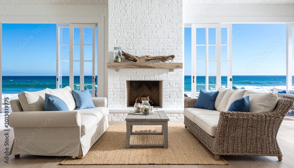 Obraz premium Experience luxury coastal living in this bright room featuring a white brick fireplace, cozy sofas, and breathtaking ocean views. Ideal for highend real estate and travel marketing.