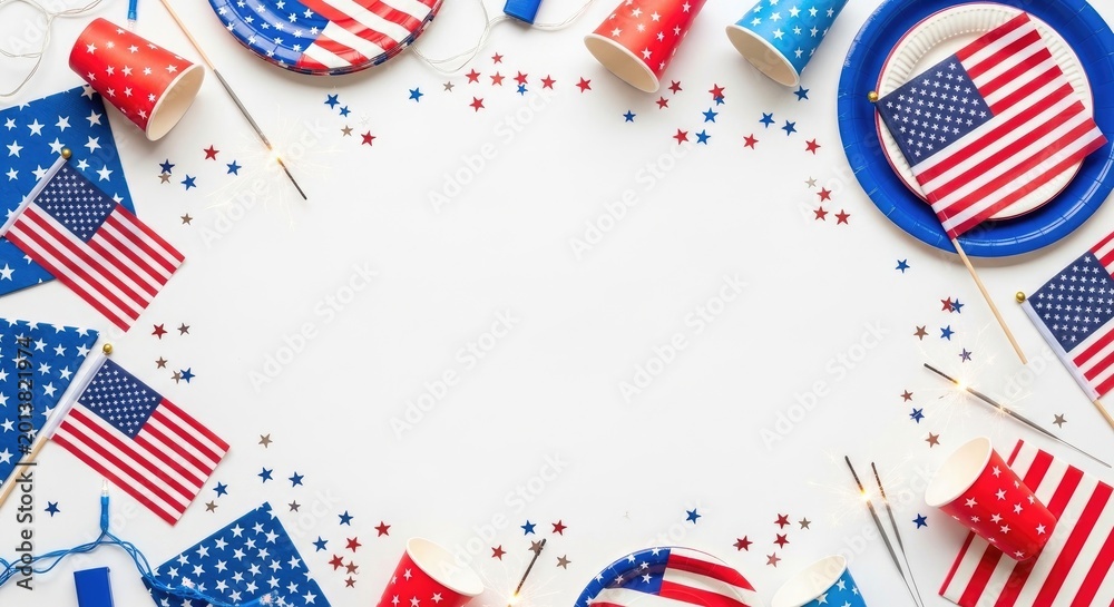 Obraz premium Fourth of july party supplies flat lay with american flags
