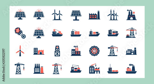 Tableau sur toile Set of flat industrial and renewable energy vector icons in two-tone style
