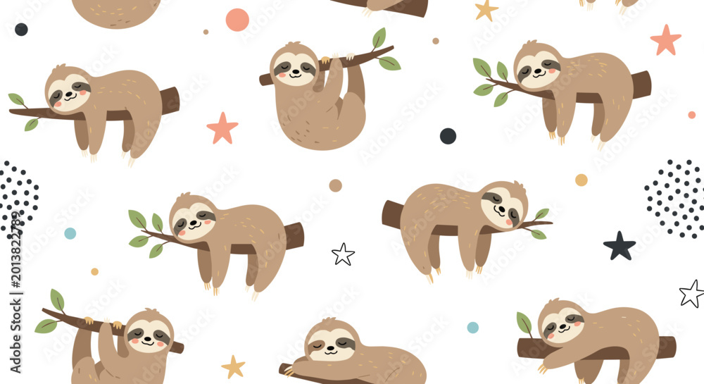 Fototapeta premium Seamless pattern of cute cartoon sloths sleeping and hanging on tree branches with stars and dots on a clean white background for kids.