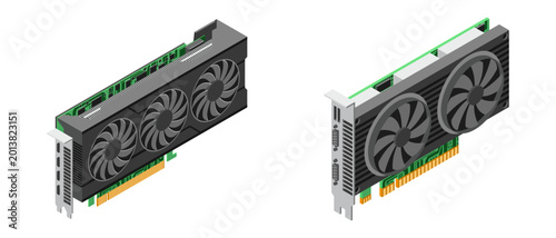 3D isometric video graphic card. Video graphics card for cryptocurrency mining or gaming. GPU graphic card illustration. Personal computer hardware components