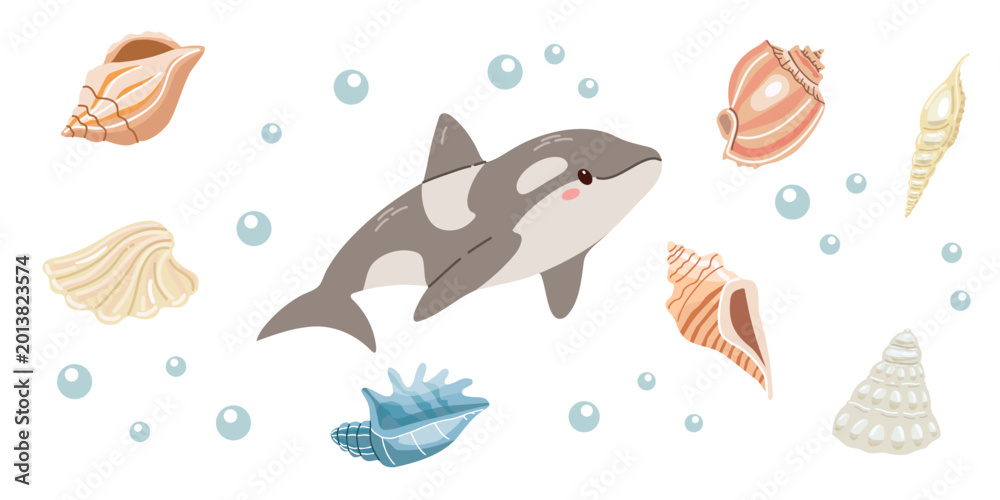 Fototapeta premium Cute flat shark with seashells underwater ocean composition isolated vector illustration for children nursery design artwork
