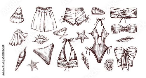 Hand drawn vintage sketch swimwear collection with bikini swimsuit shells and starfish isolated vector illustration artwork design