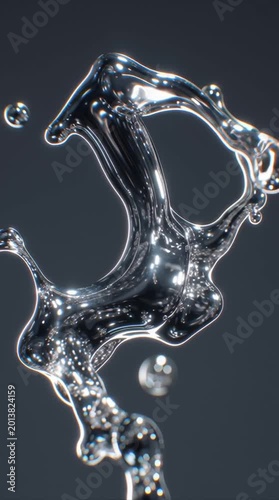 Extreme macro of a suspended droplet of liquid chrome reflecting distorted light and abstract surroundings. Futuristic metallic fluid captured with cinematic precision.