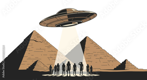 UFO hovers over ancient pyramids, beaming light onto a curious group of people.