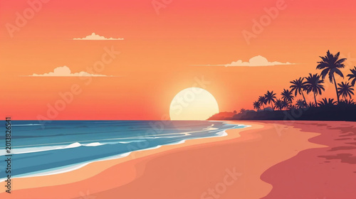 Beautiful sunset on the beach landscape illustration background