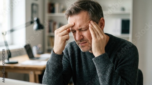 A middle-aged man sits at a desk, clutching his head with his hands in a gesture of pain and distress. He appears to be deeply troubled and focused on a computer screen.
