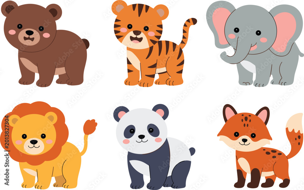 Obraz premium Cute Kawaii Baby Wild Animal Collection Featuring Lion Tiger Elephant Panda Bear and Fox for Kids Nursery Decor Children Educational Projects and Greeting Card Designs