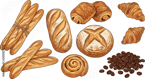 Photos Variety of Fresh Baked Goods Including Breadsticks, Croissants, Cinnamon Rolls,