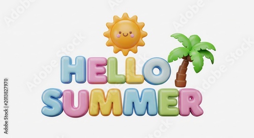 3D Hello Summer Bubble Text with Cute Sun and Palm Tree