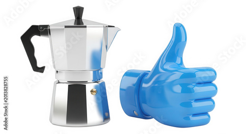 Shiny moka coffee pot with a blue thumbs up sign isolated on transparent background