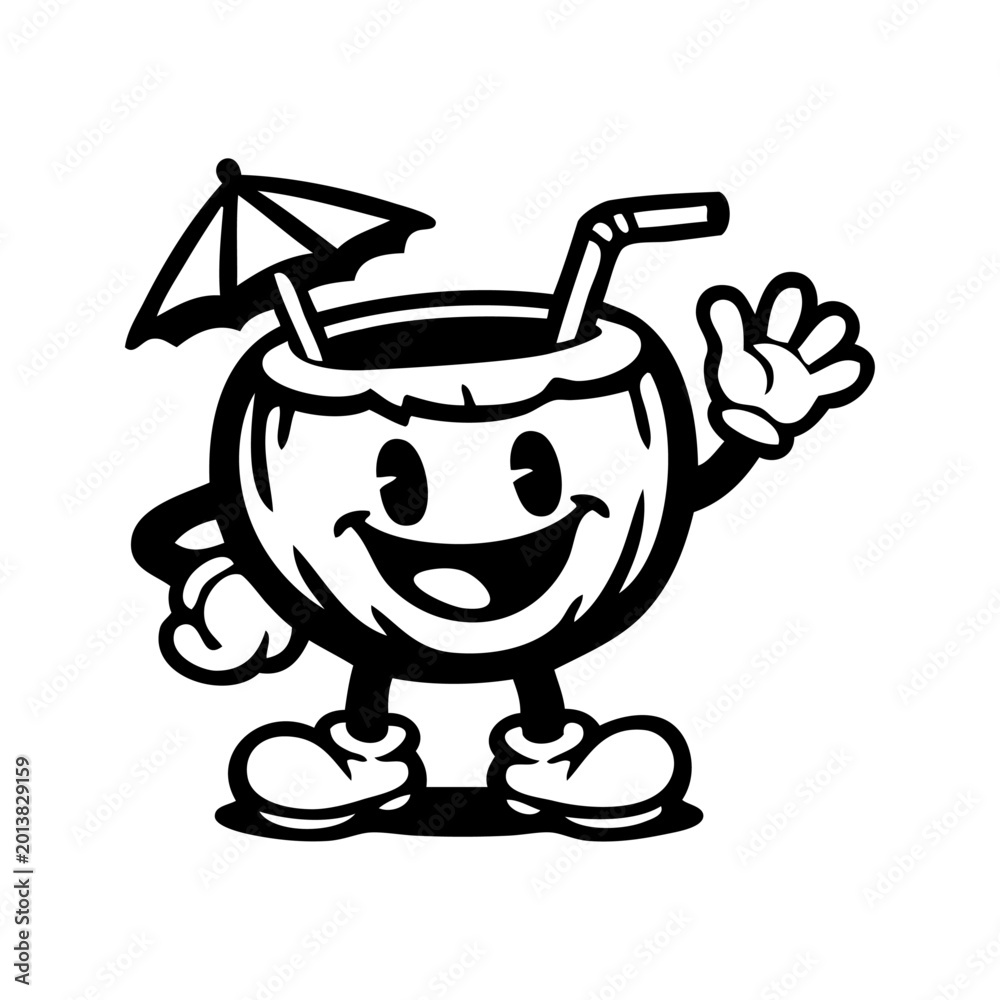 Fototapeta premium Logo coconut beach bar. Dibujo animado de un coco sonriente con parasol y pajita, saludando con la mano