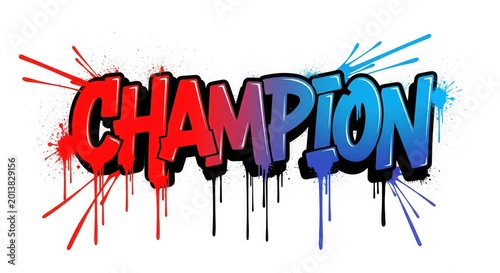 Champion Graffiti Text in Red and Blue with Paint Drips