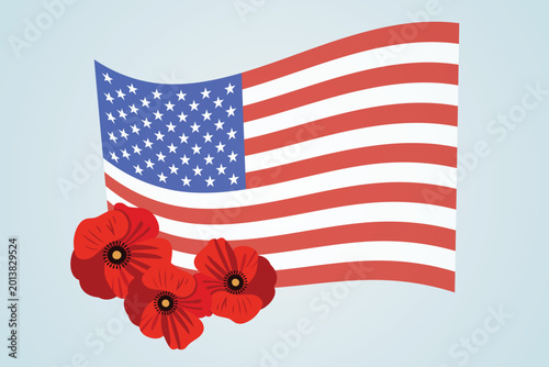 Fotografía American flag with red poppy flower